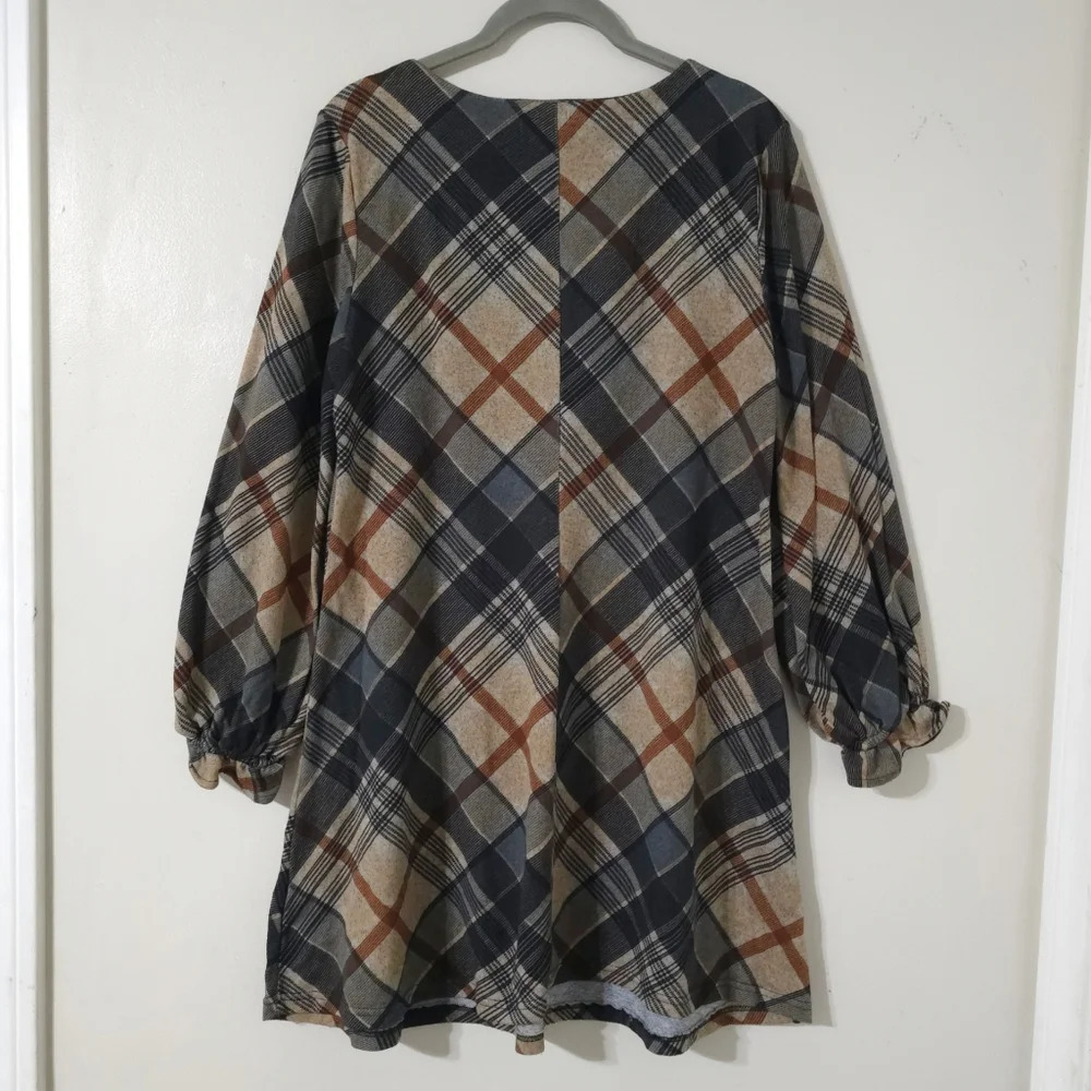 CHETTA B Bias Plaid 3/4 Sleeve Mini Knit Dress, Ruffle Details, Size M - Picture 8 of 15